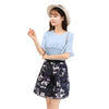 New Fashion Women Two-Piece Set Ruffles Flare Sleeve Chiffon Top’s Mesh Flower Print Strap Splicing Sweet Two-piece Suit Dress Pink/Blue