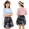 New Fashion Women Two-Piece Set Ruffles Flare Sleeve Chiffon Top’s Mesh Flower Print Strap Splicing Sweet Two-piece Suit Dress Pink/Blue