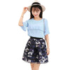 New Fashion Women Two-Piece Set Ruffles Flare Sleeve Chiffon Top’s Mesh Flower Print Strap Splicing Sweet Two-piece Suit Dress Pink/Blue