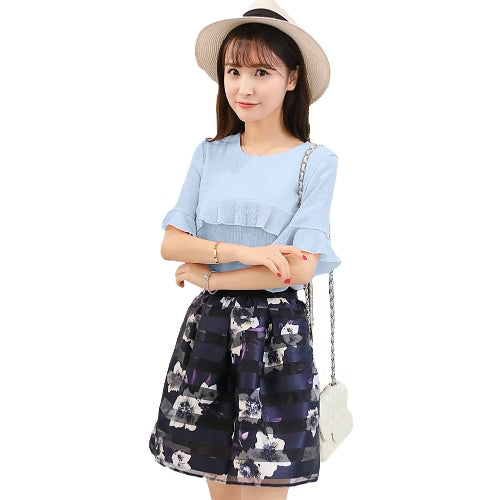 New Fashion Women Two-Piece Set Ruffles Flare Sleeve Chiffon Top’s Mesh Flower Print Strap Splicing Sweet Two-piece Suit Dress Pink/Blue