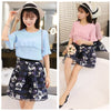 New Fashion Women Two-Piece Set Ruffles Flare Sleeve Chiffon Top’s Mesh Flower Print Strap Splicing Sweet Two-piece Suit Dress Pink/Blue