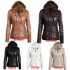 Women's Faux Leather Hooded Jacket Zippered Hoodie Short Slim Motorcycle Jacket Coat