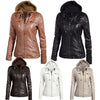 Women's Faux Leather Hooded Jacket Zippered Hoodie Short Slim Motorcycle Jacket Coat