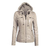 Women's Faux Leather Hooded Jacket Zippered Hoodie Short Slim Motorcycle Jacket Coat