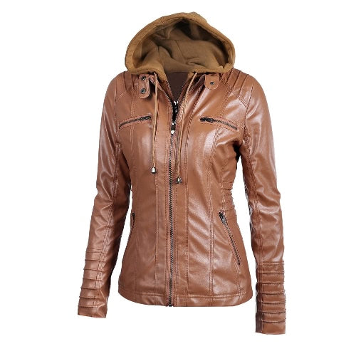 Women's Faux Leather Hooded Jacket Zippered Hoodie Short Slim Motorcycle Jacket Coat