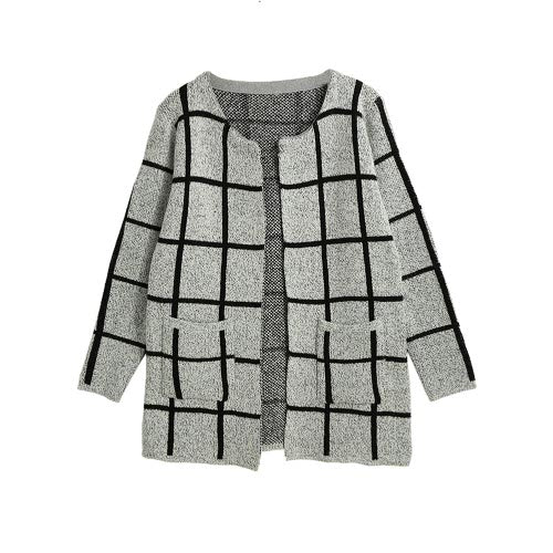 Fashion Women Knit Coat Pocketed Open Front Long Sleeves Casual Knitted Long Sweater Cardigan Grey