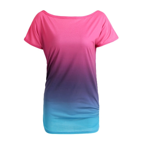 New Fashion Women T-Shirt Rainbow Gradient Ruffled O-Neck Short Sleeve Casual Tees Top