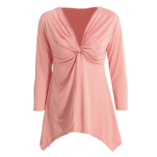 نساء تي شيرت عقدة Tunic Top V-tech Long Sleeves Autumn Top Solid Slim Disual Tee White/Pink