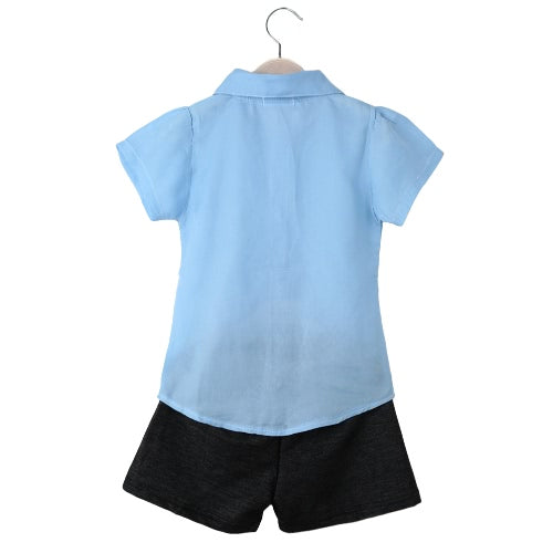 Fashion Baby Kids Girls Two-Piece Set Chiffon Short Sleeve Shirt Casual Shorts Pants Trousers Children Outfits Light Blue