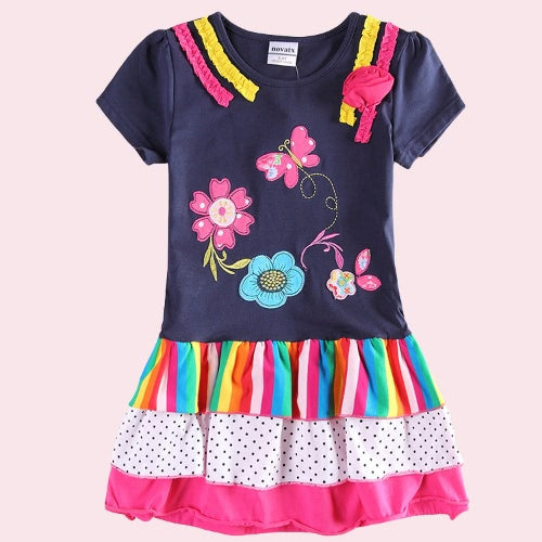 Fashion Cute Baby Kids Girl Dress Floral Embroidery Striped Splice Dot Print Short Sleeve Princess Mini Dress Dark Blue