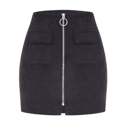 Fashion Women Mini Suede Skirts Pocketed Zippered Front Party Short Sheath Suedtte Skirt