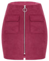 Fashion Women Mini Suede Skirts Pocketed Zippered Front Party Short Sheath Suedtte Skirt