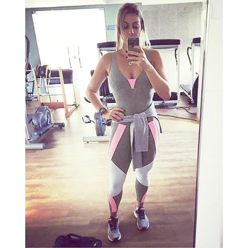 Women Sport Yoga Set Contrast Color Bandage Backless Sleeveless Fitness Jumpsuits Gym Running Bodysuits Workout Suit Grey