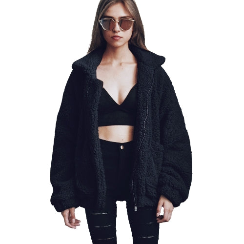 Fashion Women Fluffy Shaggy Faux Fur Coat Long Sleeve Loose Coat Turn-Down Sling Zipper Casual Jacket Outwear Tops