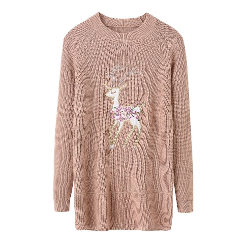 Christmas Women Knitted Pullovers Sweater Reindeer Embroidered Ribbed Raglan Long Sleeve Casual Knit Top