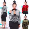 Women Bomber Jacket Velet Ribbed Stand Collar Long Sleeve Zipper Casual Club Party Wear Baseball Coat