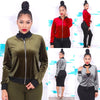 Women Bomber Jacket Velet Ribbed Stand Collar Long Sleeve Zipper Casual Club Party Wear Baseball Coat