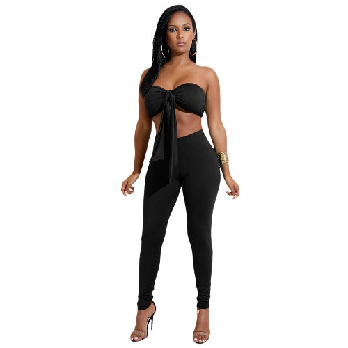 Sexy Women Two-piece Set Strapless Crop Top Bandage Bodycon Long Pants Solid Slim Party Club Suits