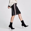 Fashion Women PU Leather Skirts Houndstooth Side Fleece Sheath Pencil Skirt