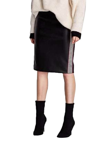 Fashion Women PU Leather Skirts Houndstooth Side Fleece Sheath Pencil Skirt