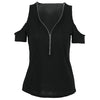 Women T-shirt Solid Stretchy Ribbed Deep V Cold Shoulder Zipper Short Sleeve Cut Out Slim Casual Tops