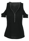 Women T-shirt Solid Stretchy Ribbed Deep V Cold Shoulder Zipper Short Sleeve Cut Out Slim Casual Tops