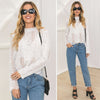 Women Blouse Solid Floral Crochet Lace High Neck Long Sleeve Scalloped Hollow Out Casual Tops White