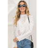 Women Blouse Solid Floral Crochet Lace High Neck Long Sleeve Scalloped Hollow Out Casual Tops White