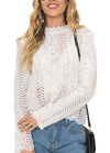 Women Blouse Solid Floral Crochet Lace High Neck Long Sleeve Scalloped Hollow Out Casual Tops White