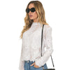 Women Blouse Solid Floral Crochet Lace High Neck Long Sleeve Scalloped Hollow Out Casual Tops White