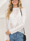 Women Blouse Solid Floral Crochet Lace High Neck Long Sleeve Scalloped Hollow Out Casual Tops White