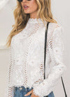 Women Blouse Solid Floral Crochet Lace High Neck Long Sleeve Scalloped Hollow Out Casual Tops White