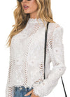 Women Blouse Solid Floral Crochet Lace High Neck Long Sleeve Scalloped Hollow Out Casual Tops White