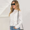 Women Blouse Solid Floral Crochet Lace High Neck Long Sleeve Scalloped Hollow Out Casual Tops White