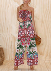 Women Jumpsuit Floral Print Off Shoulder Rompers Backless Boho Loose Playsuit Pink