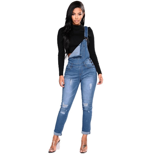 Fashion Women Denim Overalls Ripped Stretch Dungarees High Waist Long Jeans Pencil Pants Rompers Jumpsuit Blue