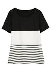 Fashion Women Color Block Striped T-Shirt Short Sleeve Casual Slim Knitted Tee Tunics Blouse Tops Black