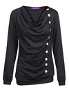 New Fashion Women T-shirt Drape V Neck T-Shirt 10 Buttons Decoration Long Sleeve Tee Tops Pullover