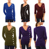 New Fashion Women T-shirt Drape V Neck T-Shirt 10 Buttons Decoration Long Sleeve Tee Tops Pullover