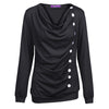 New Fashion Women T-shirt Drape V Neck T-Shirt 10 Buttons Decoration Long Sleeve Tee Tops Pullover