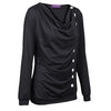 New Fashion Women T-shirt Drape V Neck T-Shirt 10 Buttons Decoration Long Sleeve Tee Tops Pullover