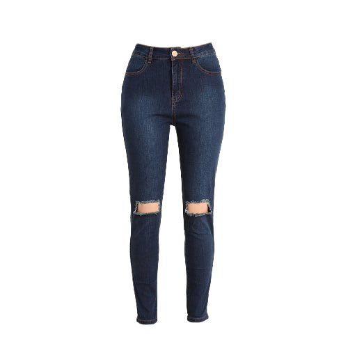 Women Ripped Jeans Denim Destroyed Holes Zipper Slim Skinny Pants Pencil Trousers Tights Dark Blue