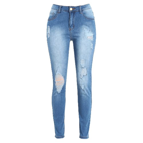 Women Ripped Jeans Denim Destroyed Frayed Hole Washed Zipper Skinny Pants Pencil Trousers Tights Blue