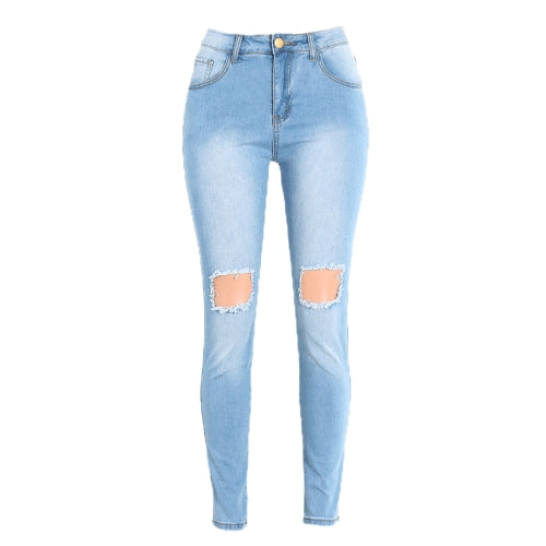 Women Washed Jeans Denim Destroyed Frayed Hole Zipper Pockets Pants Skinny Pencil Trousers Tights Blue