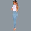 Women Washed Jeans Denim Destroyed Frayed Hole Zipper Pockets Pants Skinny Pencil Trousers Tights Blue