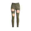 Women Washed Denim Jeans Ripped Hole Zipper Pockets High Waist Stretchy Skinny  Pencil Trousers Army Green