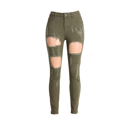 Women Washed Denim Jeans Ripped Hole Zipper Pockets High Waist Stretchy Skinny  Pencil Trousers Army Green