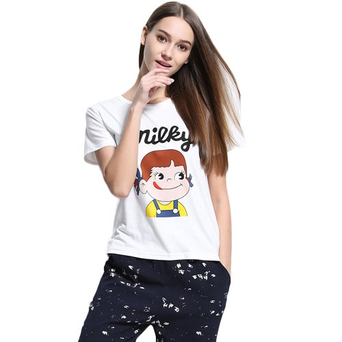 New Fashion Women T-shirt Top Letter Cartoon Print O-Neck Short Sleeves Pullover Casual Blouse White