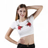 New Fashion Women Crop Top Floral Embroidery Roun Neck Short Sleeve Slim Fit Cool Tee Tops White