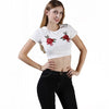 New Fashion Women Crop Top Floral Embroidery Roun Neck Short Sleeve Slim Fit Cool Tee Tops White